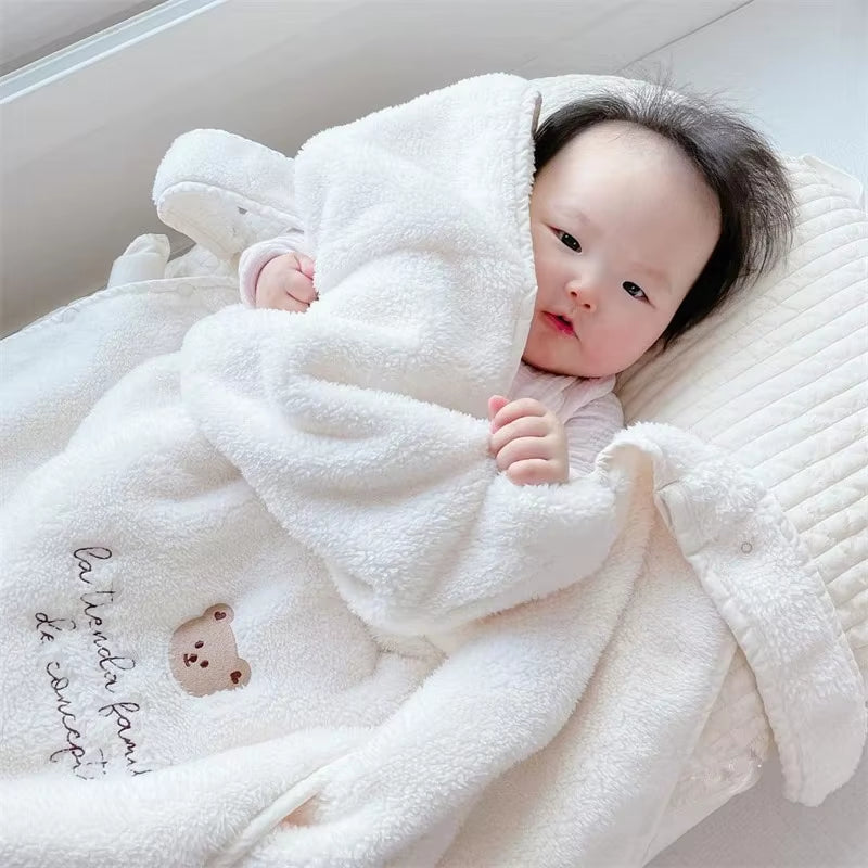 Cartoon Bear Plush Baby Blanket Baby Stroller Windproof Blanket Travel Out Portable Warm Baby Swaddle Blanket