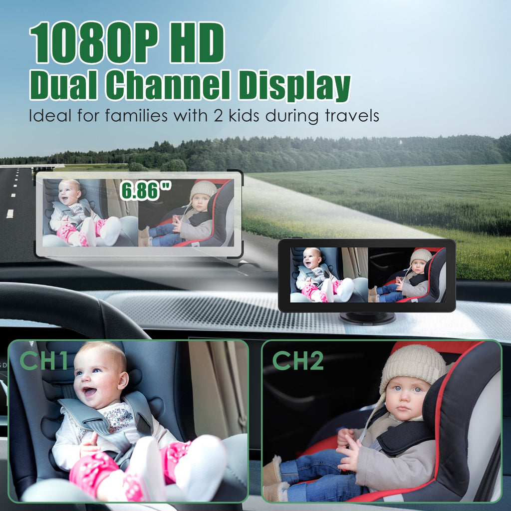 1Pc 1080P Baby Car Camera for 2 Kids Dual Channel Car Baby Monitor Rear Facing Car Seat Camera with 120Degree Wide View 6.86In HD Split Screen Night Vision