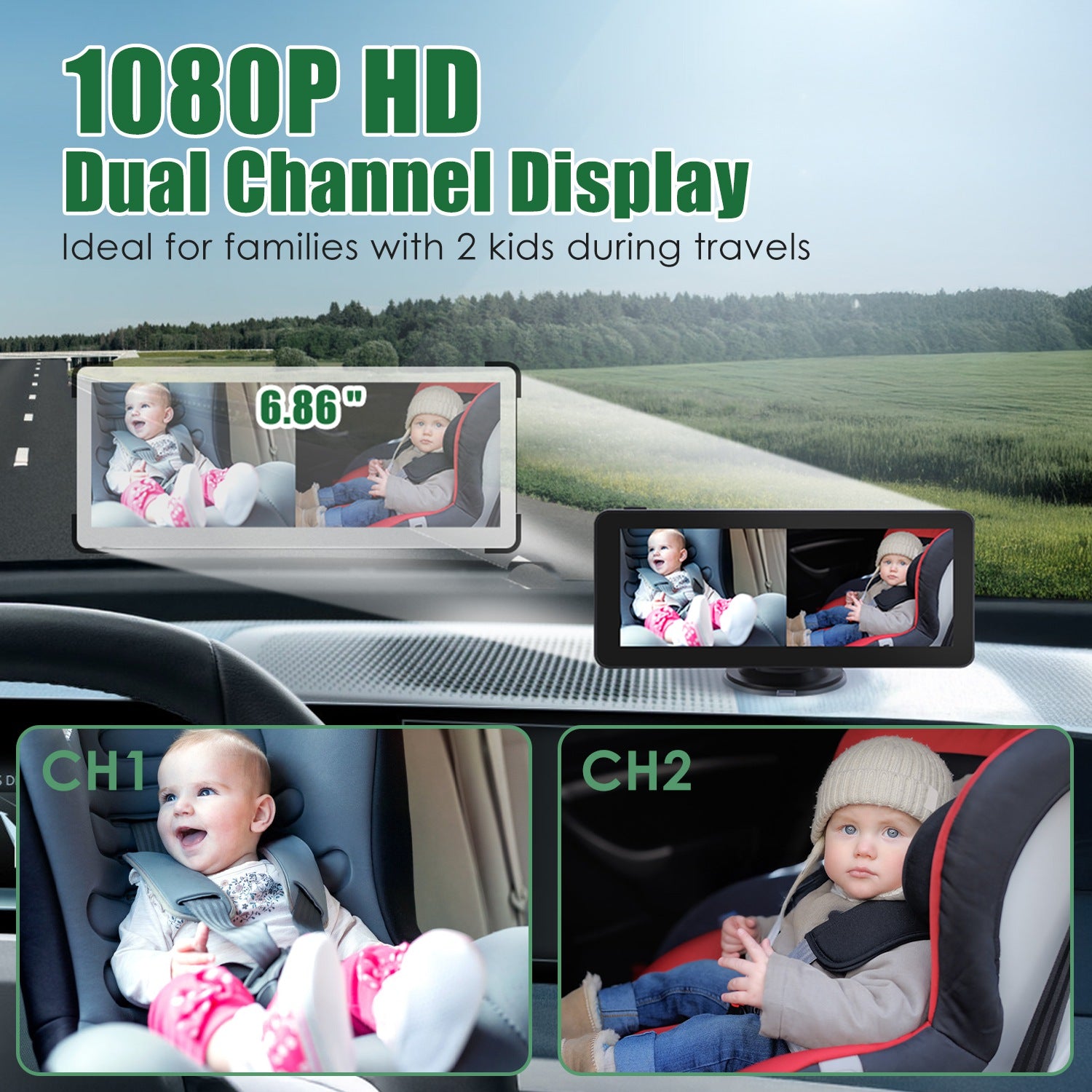 1Pc 1080P Baby Car Camera for 2 Kids Dual Channel Car Baby Monitor Rear Facing Car Seat Camera with 120Degree Wide View 6.86In HD Split Screen Night Vision